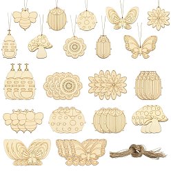 Wheat 60Pcs 10 Style Spring theme Butterfly/Ladybird/Flower Unfinished Wood Pieces, Cutouts for Drawing Art Craft, Wheat, 75~85x55~108x2.7mm, Hole: 2.5mm, 6pcs/style