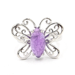 Аметист Регулируемые кольца с натуральным аметистом «конский глаз» для женщин, металлические кольца на палец в виде бабочки платинового тона, Бабочка: 20x24 mm