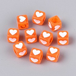Коралловый Прозрачные акриловые бусины, окрашенные спреем, Куб с сердцем, коралл, 7x6.5x6.5 мм, отверстие : 3.8~4 мм, Около 2270 шт / 500 г
