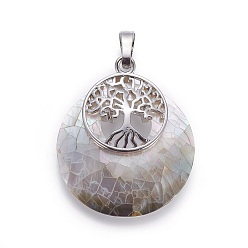 Black Lip Shell Black Lip Shell Pendants, with Platinum Tone Brass Findings, Flat Round with Tree of Life, 33.5x28~28.5x6.5mm, Hole: 5x7mm