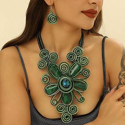 Морско-зеленый Комплекты украшений из сплава алюминия и акриловой смолы, включают серьги и ожерелья, цветок, цвета морской волны, Ожерелья: 400 mm, Серьги: 50 mm