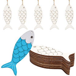 Fish 10шт. незаконченные деревянные подвески набор для рисования, пирография, домашнего декора, с джутовым шнуром, рыба, 99x32.5x2.5 мм, отверстие : 3 мм