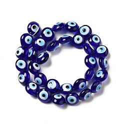 Blue Handmade Evil Eye Lampwork Beads Strands, Flat Round, Blue, 12.5x7.5mm, Hole: 1.6mm, about 33pcs/strand, 15.12''(38.4cm)