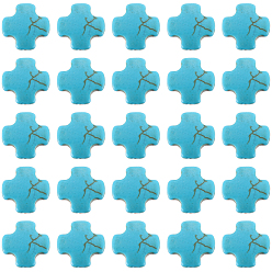 Turquoise Synthétique 100pcs perles synthétiques teintées turquoise, croix, 15x15x5mm, Trou: 1mm