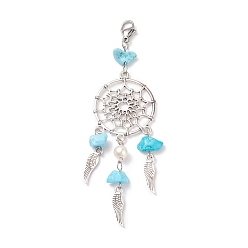 Говлит Подвеска из окрашенной натуральной говлитовой крошки, тканая сетка / паутина из сплава с подвесным орнаментом на крыльях, с натуральным культивированным пресноводным жемчугом, 304 застежки-«лобстеры» из нержавеющей стали, 98~100 мм