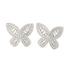 Platinum Rack Plating Brass Pave Clear Cubic Zirconia Stud Earring Finding, Cadmium Free & Lead Free, Long-Lasting Plated, Butterfly, Platinum, 18x21mm