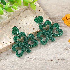 Зеленый Блестящие акриловые серьги-гвоздики с клевером, зелёные, 40x35 мм