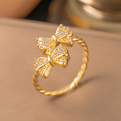 Bowknot Anillos abiertos de latón con micro pavé de circonita cúbica, dorado, lazo, 15~20 mm