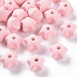 Pink Acrylic Beads, Rubberized Style, Half Drilled, Star, Pink, 16x17x11mm, Hole: 3.5mm
