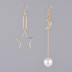 Golden Star & Moon Brass Dangle Earrings, Asymmetrical Earrings, with Glass Pearl Round Beads, Cable Chains and Earring Hooks, with Cardboard Packing Box, Golden, 63mm and 86mm, Pin: 0.6mm