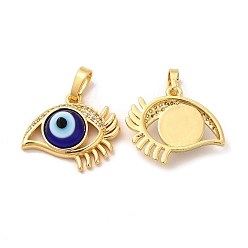 Dark Blue Rack Plating Brass Micro Pave Clear Cubic Zirconia Pendants, with Handmade Evil Eye Lampwork, Cadmium Free & Lead Free, Long-Lasting Real 18K Gold Plated, Eye Charm, Dark Blue, 17x19.5x5mm, Hole: 6x3mm