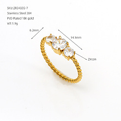 Golden 304 Stainless Steel & Clear Cubic Zirconia Finger Rings, Flat Round, Golden, US Size 7(17.3mm)