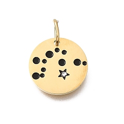 Aquarius Twelve Constellations 304 Stainless Steel Enamel Pendants, with Rhinestone, Flat Round Charms, Golden, Aquarius Charms, 13x1mm, Hole: 4.5x2.5mm