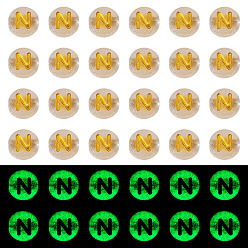 Letter N 50G Luminous Transparent Acrylic Beads, Flat Round with Letter, Glow in the Dark, Golden Metal Enlaced, Letter N, 7x4mm, Hole: 1.8mm, about 370pcs/50g