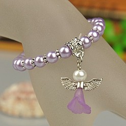 Lilac Lovely Wedding Dress Angel Bracelets for Kids, Carnival Stretch Bracelets, with Glass Pearl Beads and Tibetan Style Beads, Lilac, 45mm
