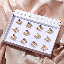 Смешанные камни Круглые кольца из смешанных натуральных камней, 304 манжетные кольца из нержавеющей стали, реальный 18 k позолоченный, ионное покрытие (ip), 15 мм, внутренний диаметр: 17 мм, 12 шт / комплект