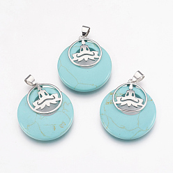 Синтетическая Бирюза Синтетические бирюзовые подвески, с латунной фурнитурой платинового цвета, плоские круглые с Буддой, окрашенные, 32x28x7 мм, отверстие : 4x5 мм