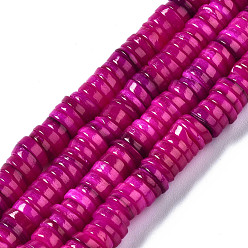 Camellia Natural Freshwater Shell Beads Strands, Dyed, Flat Round/Disc, Heishi Beads, Camellia, 6x6x1~2.5mm, Hole: 1mm, about 201~208pcs/strand, 15.20~15.43 inch(38.6~39.2cm)
