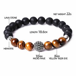 Смешанные камни Браслеты из круглых бусин с натуральным тигровым глазом, лавовым камнем и кубическим цирконием для мужчин и женщин. Браслеты из круглых бусин с круглыми бусинами для мужчин и женщин., с синтетическим немагнитным гематитом, 7-3/8 дюйм (18.6 см)