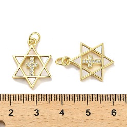Star Brass Micro Pave Clear Cubic Zirconia Pendants, with Shell, Real 18K Gold Plated, Star, 21x15.5x2.5mm, Hole: 3.5mm