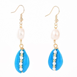 Deep Sky Blue Spray Paint Cowrie Shell Dangle Earrings, with Shell Pearl Beads, Brass Earring Hoops and Brass Beads, Real 18K Gold Plated, Deep Sky Blue, 60~63mm, Pin: 0.6mm