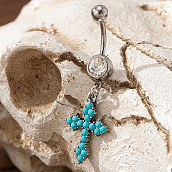 Cross Ковбойская тема 304 изогнутые кольца для живота в форме штанги из нержавеющей стали с паве из синтетической бирюзы, античное серебро, крестик, 47x15 мм