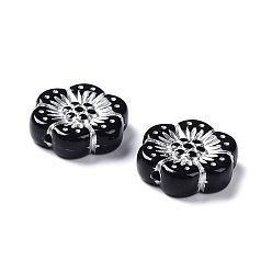 Silver Black Opaque Acrylic Beads, Metal Enlaced, Flower, Silver, 12x13x3.5~4mm, Hole: 1.2mm, about 1150pcs/500g