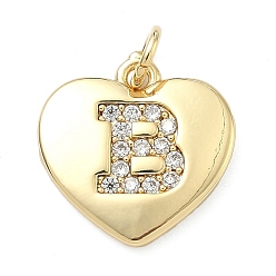 Letter B Латунные микропаве прозрачные подвески с фианитом, сердце прелести, без кадмия и без свинца, стойки покрытие, долговечный, реальный 18 k позолоченный, В письме, 15x15x2 мм, отверстие : 3 мм