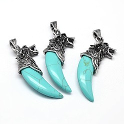 Синтетическая Бирюза Античный серебряный сплав цинка синтетический бирюзовые большие подвески, Бивень форма с волком, без свинца и без никеля , 53~57x23x10 мм, отверстие : 4.5x8 мм
