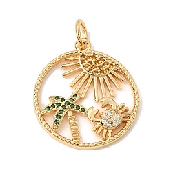 Real 18K Gold Plated Brass Micro Pave Green Cubic Zirconia Pendants, Round with Crab & Tree & Sun Charms, Cadmium Free & Lead Free & Nickel Free, Real 18K Gold Plated, 23.5x21x3mm, Hole: 4mm