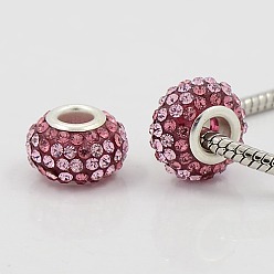 Роза Cmолы Rhinestone Европейский бисером, класс А, с латунной двойных ядер, серебряный цвет гальваническим, рондель, роза, 15x9 мм, отверстие : 5 мм