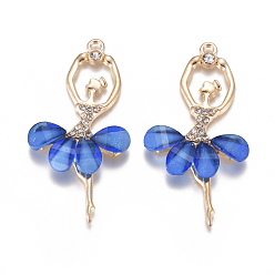 Blue Alloy Big Pendants, with Resin & Crystal Rhinestone, Faceted, Ballerina, Golden, Blue, 59~60x30~31x4.5mm, Hole: 2.5mm
