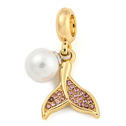Violet Breloques européennes en forme de queue de poisson, en alliage de placage en rack, pavé de strass, Pendentifs grand trou, or, avec abs en plastique imitation perle, sans cadmium et sans nickel et sans plomb, violette, 28mm, Trou: 5mm, queue de poisson: 17.5x14x2 mm