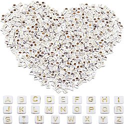 Gold Plating Acrylic Beads, Metal Enlaced, Cube with Mixed Letters, Gold, 5.5~6x5.5~6x5.5~6mm, Hole: 3.5mm, 26 letters, 8g/letter, about 48pcs/letter, 208g/box, about 1248pcs/box