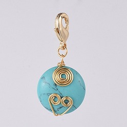 Synthetic Turquoise Flat Round Synthetic Turquoise Pendants, with Copper Wire and Brass Lobster Claw Clasps, 33mm