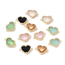 Golden Brass & Glass Connector Charms, Heart Links, Mixed Color, Faceted, Golden, 9.5x15x5mm, Hole: 1.2mm