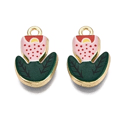 Pink Printed Alloy Pendants, Rack Plating, Flower Charms, Cadmium Free & Nickel Free & Lead Free, Golden, Pink, 19x12x3.5mm, Hole: 1.8~2mm