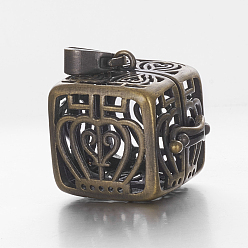 Antique Bronze Retro Brass Cage Pendants, For Chime Ball Pendant Necklaces Making, Hollow Square with Crown, Antique Bronze, 22x24.5x18.5mm, Hole: 4mm, Inner Diameter: 17x17mm