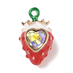 Red Alloy Enamel Pendants, Strawberry & Heart Charms, with Rhinestone, Red, 18x10.5x10mm, Hole: 1.4mm