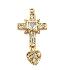 Настоящее золото 18K Латунные микропаве прозрачные подвески с фианитом, крестик с сердечками, стойки покрытие, долговечный, без свинца и без кадмия, реальный 18 k позолоченный, 29x14x2.5 мм, отверстие : 1.2 мм
