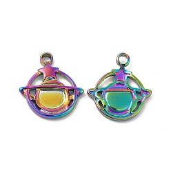 Rainbow Color Ion Plating(IP) 304 Stainless Steel Pendants, Planet with Star Charm, Rainbow Color, 16x15x2mm, Hole: 1.8mm