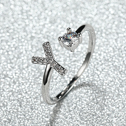 Letter Y Манжеты из латуни с микро паве кубический цирконий для женщин, открытые кольца, платина, Письмо Y, внутренний диаметр: 16~19 мм