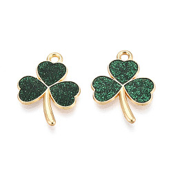 Зеленый Подвески ко Дню Святого Патрика из сплава эмали и блестящей пудры, клевер амулеты, золотые, зелёные, 21x16x1.5 мм, отверстие : 1.8 мм