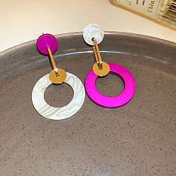 Фуксин Плоские круглые серьги-гвоздики из сплава с имитацией дерева, с акриловой, золотые, фуксиново-красные, 65x35 мм