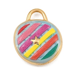 Colorful 304 Stainless Steel Enamel Pendants, Flat Round with Star Charms, Ion Plating(IP), Real 18K Gold Plated, Colorful, 17x14x4.5mm, Hole: 3x1.5mm