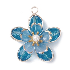 Темно-Голубой Стеклянные подвески, цветок, с медной проволокой и акрилом, граненые, глубокое синее небо, 33.5x31x10 мм, отверстие : 2.8 мм