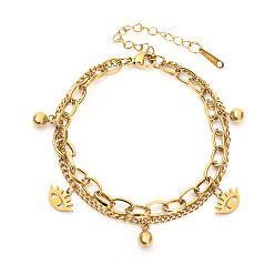 Evil Eye 201 из нержавеющей стали шарм браслеты, 201 Двухслойные браслеты из нержавеющей стали с якорной и кабельной цепочкой для женщин, ионное покрытие (ip), долговечный, злые глаза, 3.94 дюйм (10 см)