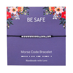 Платина Будьте осторожны браслеты с азбукой Морзе, плетеные браслеты из латунных бусин для женщин, с вощеной шнур, платина, 5-1/8~11 дюйм (13~28 см)