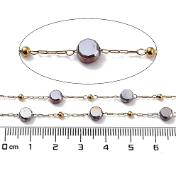 Purple 304 Stainless Steel Handmade Beaded Chain, with Electroplated Glass, with Spool, Soldered, Real 18K Gold Plated, Flat Round, Purple, 5.5x5.5x3.5mm, about 16.40 Feet(5m)/Roll