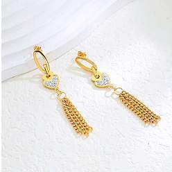 Настоящее золото 18K Серьги-гвоздики в форме сердца из нержавеющей стали, с Rhineston, цепочка-шарм, реальный 18 k позолоченный, 70x10 мм